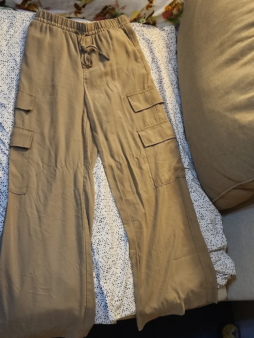Wide Leg Cargo Drawstring Pants - Tan